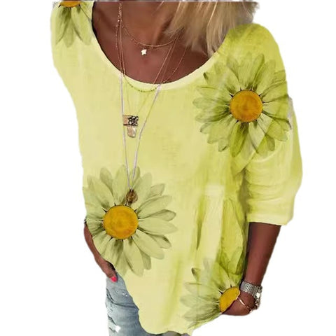 T-Shirt mit Rundhalsausschnitt und 7/4-Ärmeln und Chrysanthemen-Print für Damen m300893 