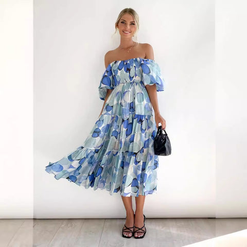 Robe longue imprimée à manches bouffantes et épaules dénudées pour femme M300282 