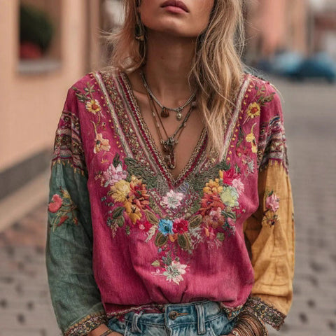 Ladies Casual Vintage Bohemian V-Neck Top Ethnic Style Long Sleeve m301956