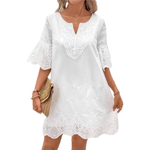 Robe décontractée à manches cinq-quarts et col en V en dentelle brodée creuse m301469 