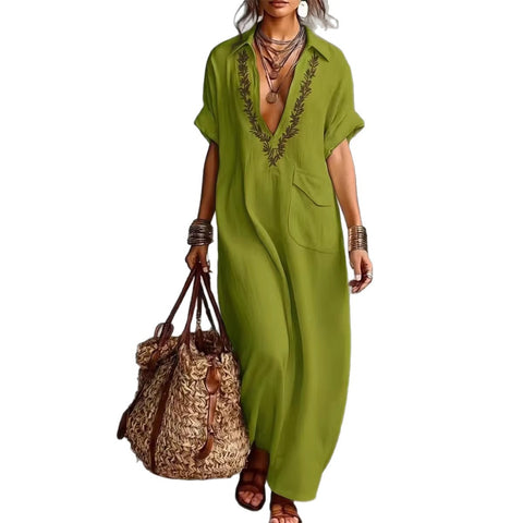 Loose ladies embroidery pocket casual lapel cotton and linen jumpsuit m302716