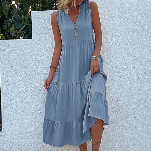 Sommer beliebte ärmellose Faltenrock lose V-Ausschnitt mittel und langes Kleid m300851 