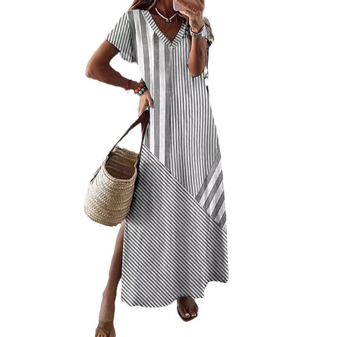 Kleid mit V-Ausschnitt und Schlitz und Streifenmuster m301462 