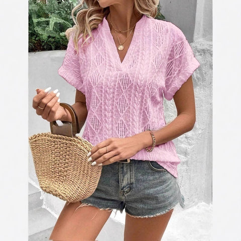New casual hollow jacquard v-neck loose short-sleeved shirt women's m302694