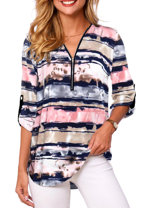 Chemise ample à manches longues et col en V pour femme, grande taille, fermeture éclair, manches retroussables, M300207 