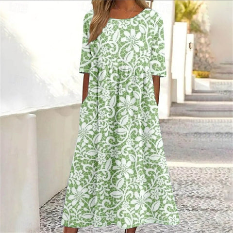 Robe longue décontractée à col ras du cou et manches courtes pour femme, imprimé 3D, taille plissée, style trapèze, m301299 