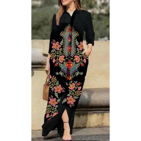 Robe décontractée pour femme, imprimée, avec poches, col à revers et boutons, longueur M300186 