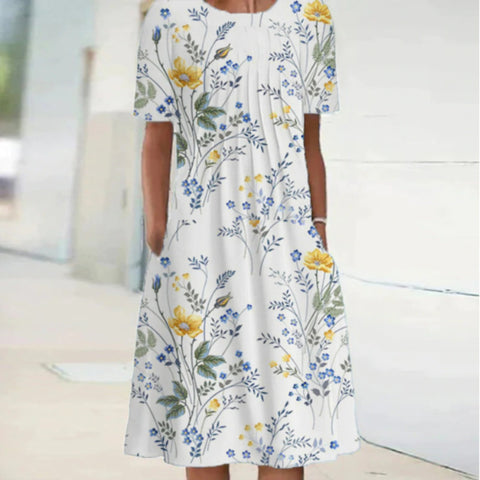 Neues lässiges Kurzarmkleid mit Rundhalsausschnitt und Print m300930 