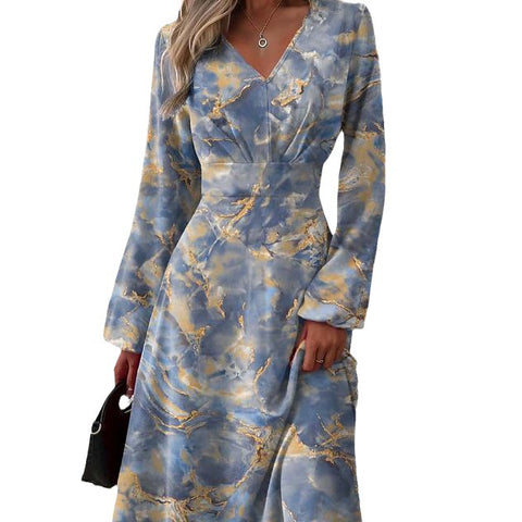 Modisches Printkleid mit V-Ausschnitt und langen Ärmeln, m300931 