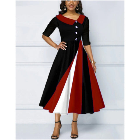Langes Kleid mit 3D-gedrucktem Pendel und Fünfviertelärmeln und Knopfverzierung, m300864 