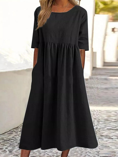 Neues lässiges Kurzarmkleid aus Baumwolle und Leinen mit Falten und Rundhalsausschnitt, m300890 