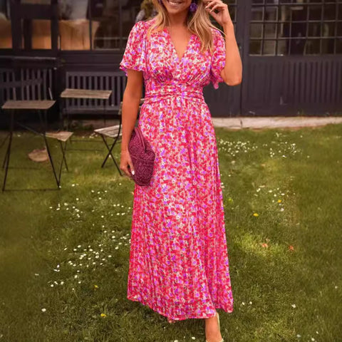 Robe imprimée tempérament à col en V et taille M301307 