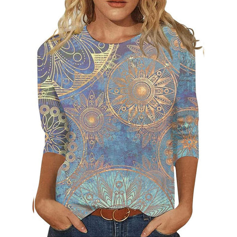 Pullover mit Rundhalsausschnitt und 7/4-Ärmeln, Pflanzenblumen und 3D-Druck, m300615 