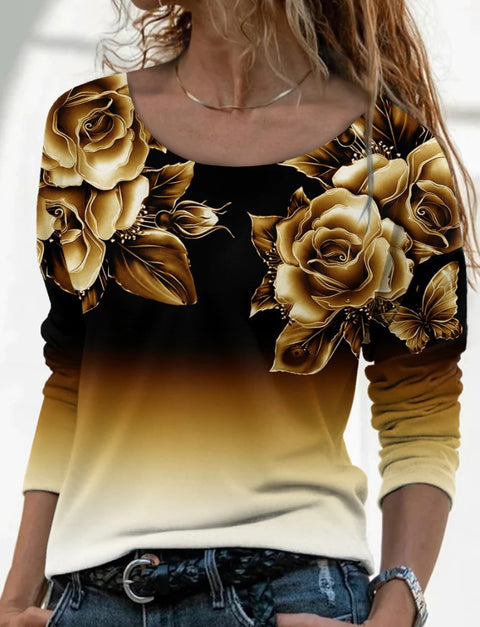 Langärmliges, lockeres, lässiges Pullover-T-Shirt mit Rundhalsausschnitt und 3D-Druck für Damen m300857 