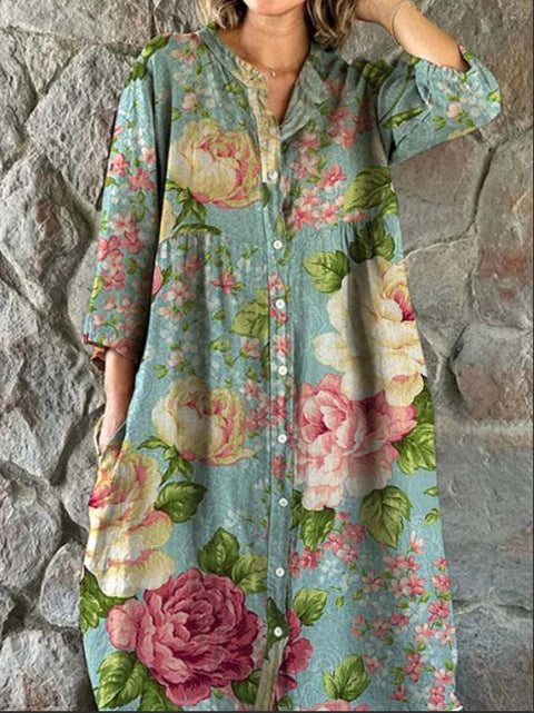Lockeres Damen-Hemdkleid mit Rundhalsausschnitt, modisch, Premium, langärmlig, bedruckt, m301050