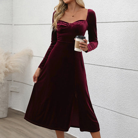 Samt langes Kleid Herbst und Winter Kleid geteiltes Kleid m300807 