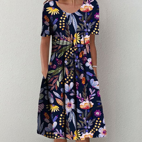 Robe mi-longue à imprimé floral, col rond, poches, printemps/été, pour femme, m300037 