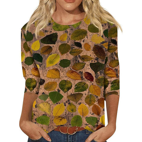Pullover mit Rundhalsausschnitt und 7/4-Ärmeln, Pflanzenblumen und 3D-Druck, m300615 