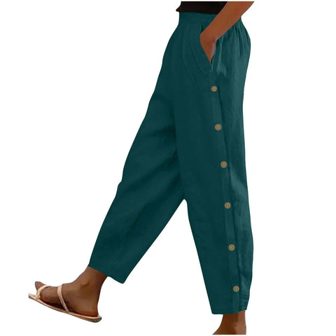 Side button pocket solid color mid-waist cotton and linen casual loose trousers m302831