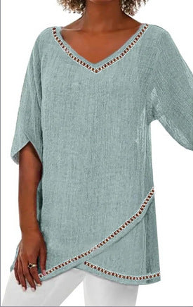 T-shirt ample à manches 3/4 et col en V pour femme, imprimé animalier et paysage naturel, m301289 