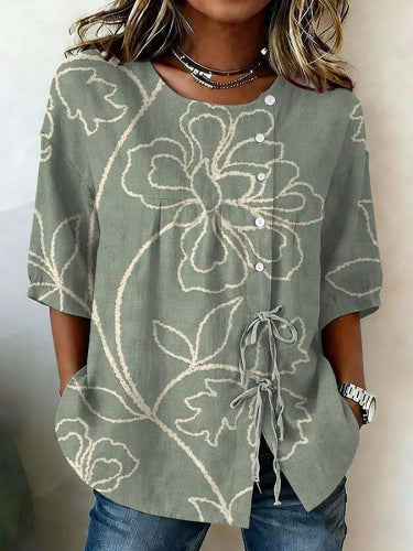 Color matching loose blouse five-button drawstring shirt m302758