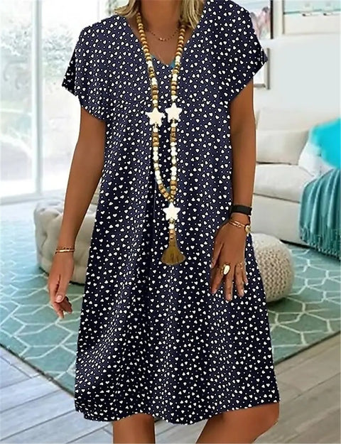 Robe imprimée à col en V pour femme, manches courtes, longueur moyenne et longue, m300932 