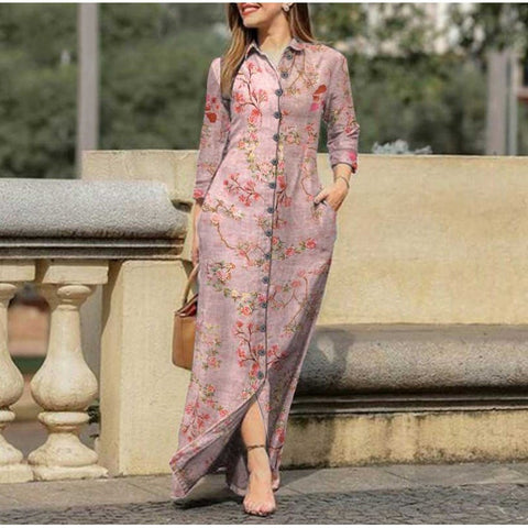 Robe décontractée pour femme, imprimée, avec poches, col à revers et boutons, longueur M300186 