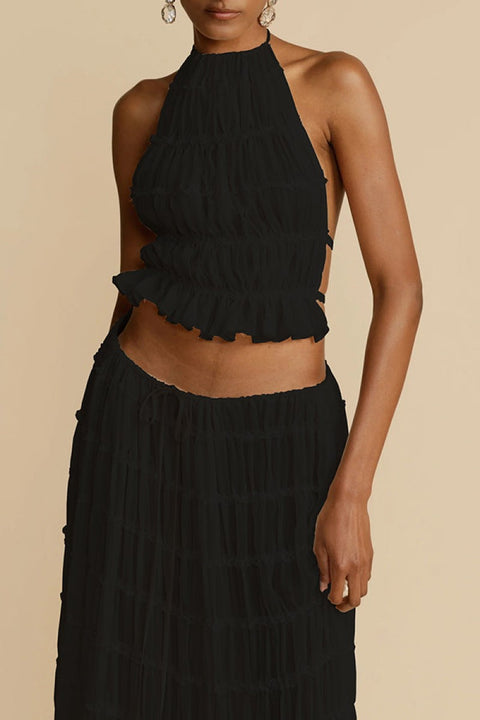 backless neck sling drawstring chiffon pleated long skirt two-piece set m301879