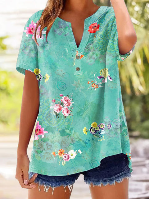 Printed V-neck pullover short-sleeved T-shirt m303021
