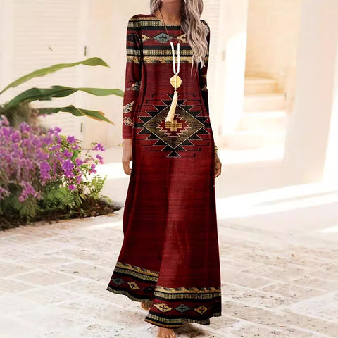 Langes Kleid mit geometrischem Druck und Rundhalsausschnitt, Retro-Ethno-Stil, langes Kleid m300711 