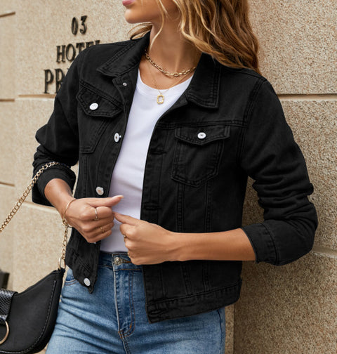 Women's fashion trend lapel pocket single-breasted short denim jacket m301642