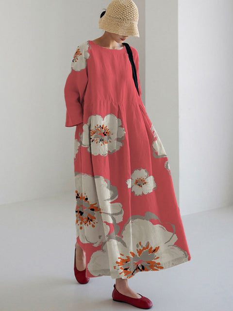 Robe ample à col ras du cou et manches longues imprimée haut de gamme m301044
