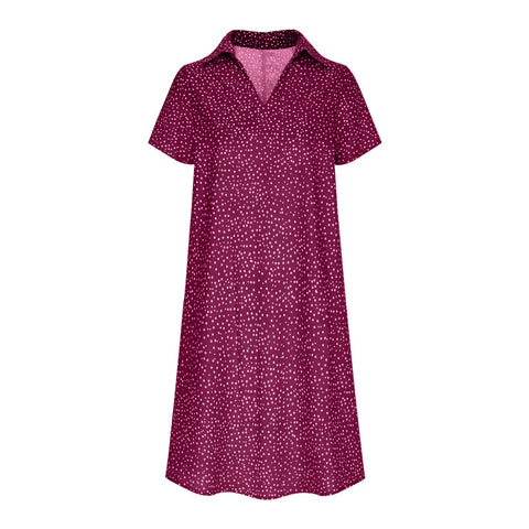Langes Kleid, lässig, locker, V-Ausschnitt, bedruckt, gepunktet, Hemdkleid, m300919 
