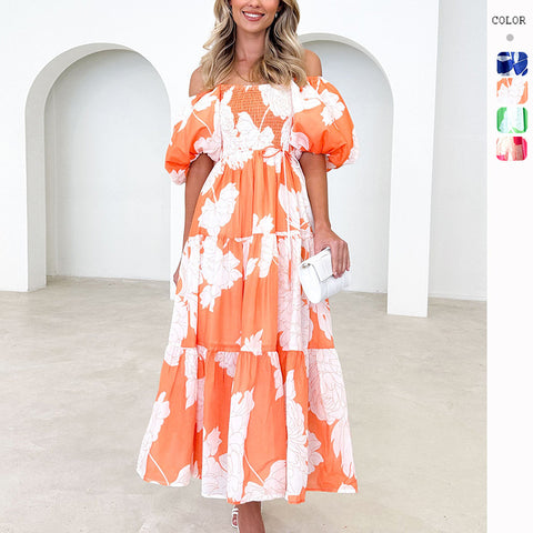 Elegantes, schulterfreies Kleid mit Puffärmeln und Blumenmuster M300289 