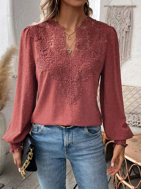 V-Ausschnitt Spitzennähte Langarm Freizeithemd Bluse m301373 