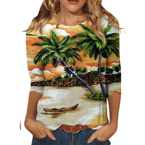 Pull ras du cou à manches sept-quarts et imprimé 3D de fleurs et de plantes m300615 