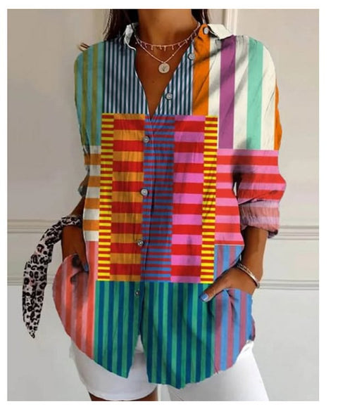 3D digital printing abstract pattern women's long-sleeved buckle linen shirt m302749-03