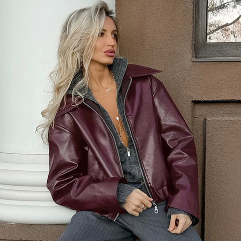 Angola red jacket leather jacket locomotive girl fashion coat 2025 autumn winter m301819