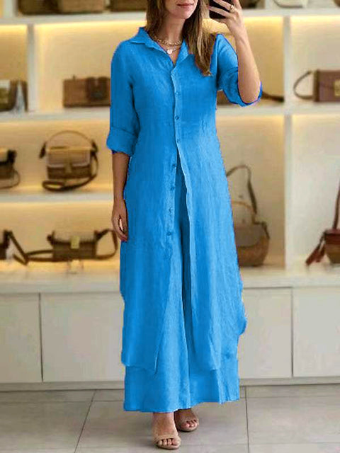 Elegantes Set aus eng anliegendem Langarmhemd und Hose aus Baumwolle und Leinen mit weitem Bein, m301063 