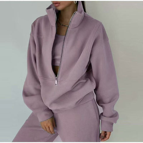 Casual sports home loose and comfortable zipper fleece knitted sweater sweatpants two-piece women's clothing m301654