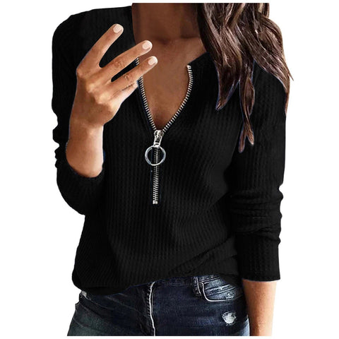 T-shirt tricoté à manches longues et col en V avec fermeture éclair, grande taille, pour femme, M300174 