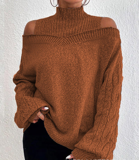 Schulterfreier Halbrollkragenpullover locker gestrickter Pullover Damen m300502 