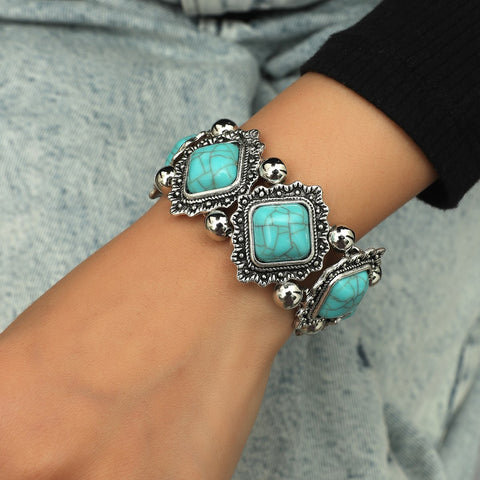 Bracelet élastique ethnique rétro en alliage turquoise m3331053
