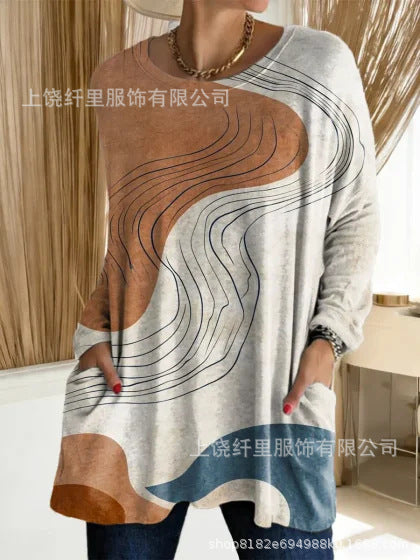 3D printed women's new medium and long pocket round neck pullover fashion T-shirt m303192