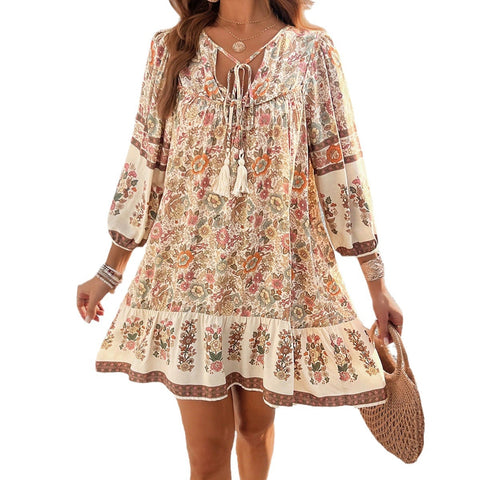 Robe ample décontractée à col en V et imprimé à lacets m300870 