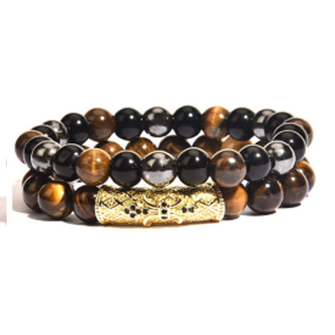 Bracelet élastique micro-incrusté de cuivre œil de tigre zircon noir mat m3331288