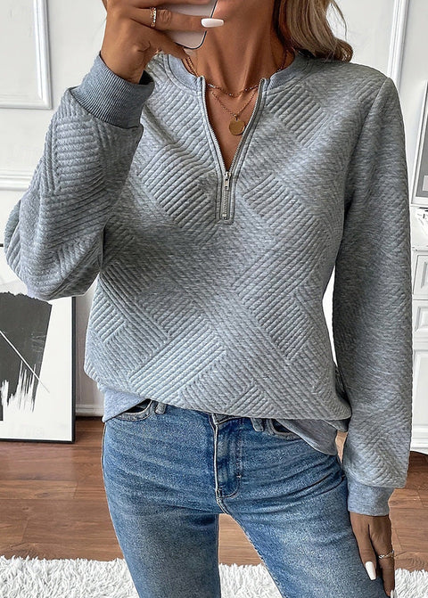 Women's casual solid color knitted texture fabric zipper long sleeve sweater m301886