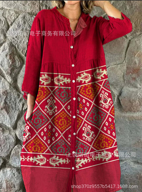 Robe chemise ample à col ras du cou et manches longues pour femme, imprimée, de qualité supérieure, m301050