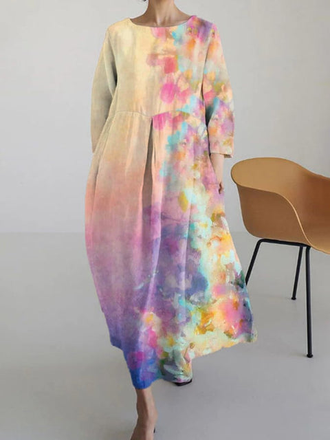 Robe ample à col ras du cou et manches longues imprimée haut de gamme m301044