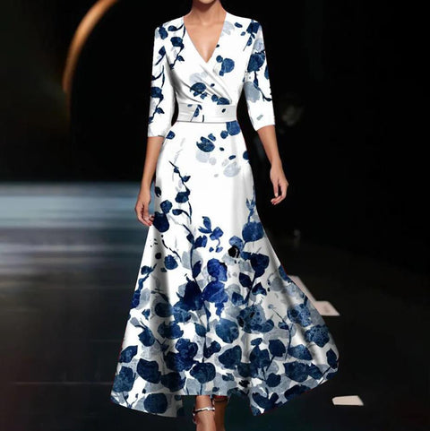 Robe longue à col en V croisé et manches sept pour femme m300923 